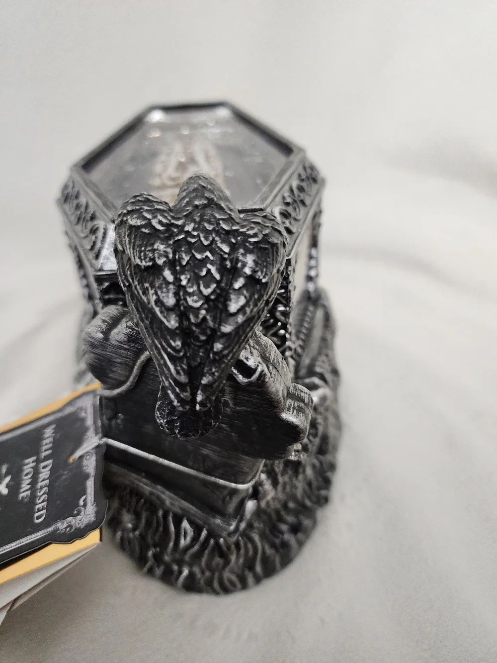 Silver Gothic Raven Glass Lightup Coffin Skeleton Décor